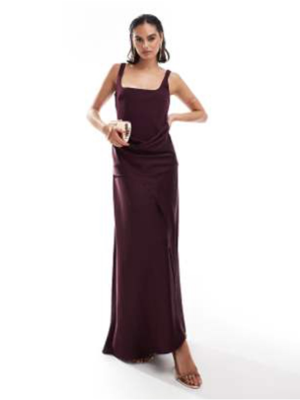 ASOS DESIGN scoop neck satin drape overlay maxi dress in burgundy